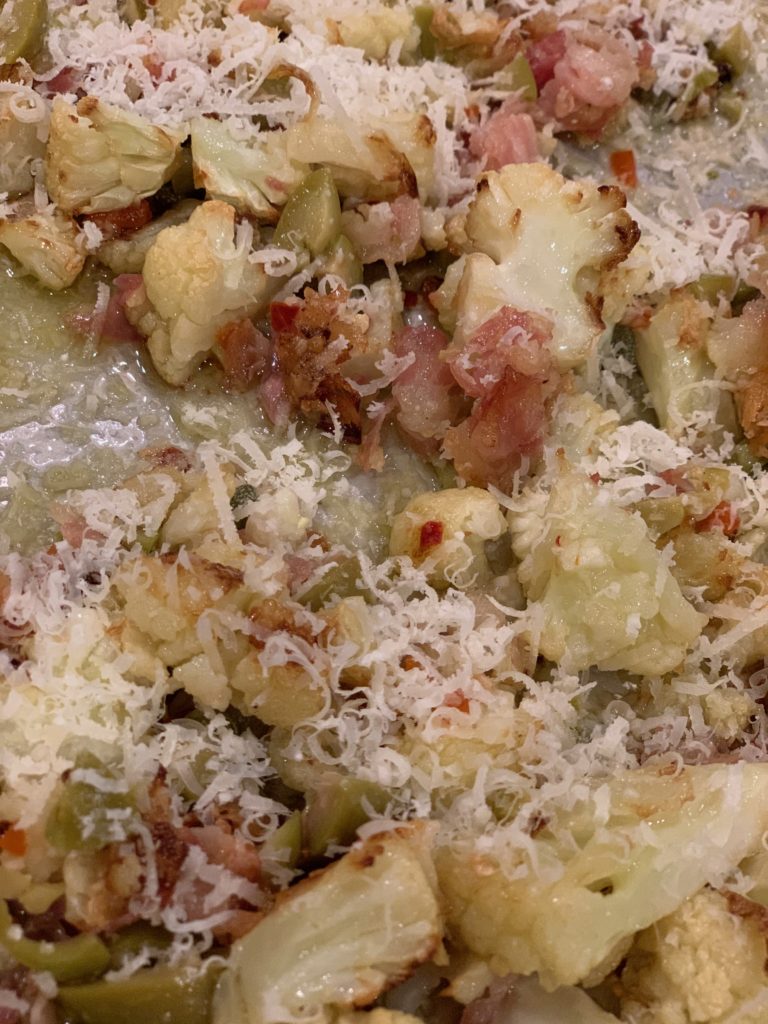 Roasted Cauliflower with Pancetta, Olives and Capers